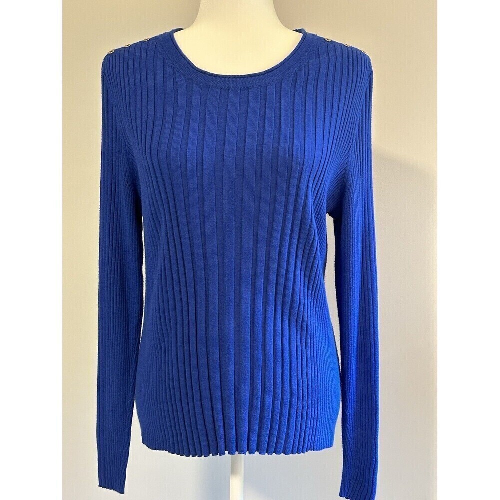 LIZ CLAIBORNE Blue V-neck Ribbed Sweater Shoulder Button Embellished Size L